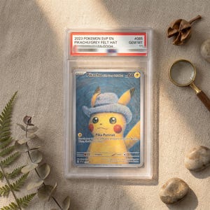 Puede incluir: Una carta coleccionable Pokemon SVP EN 2023 Pikachu with Grey Felt Hat graduada en una funda de plástico transparente. La carta muestra un Pikachu amarillo con un sombrero azul sobre un fondo azul arremolinado con el texto Pika-Portrait.