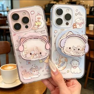 Söt Katt Hund iPhone 15 Pro Max Skal Liquid Quicksand Grip Stand Kawaii Genomskinligt Skal Gåva