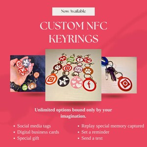 May include: Custom NFC keyrings featuring circular tags with various icons including social media logos, paw prints, hearts, and balloon animals. The keyrings are displayed in multiple arrangements, some attached to metal rings and keys.