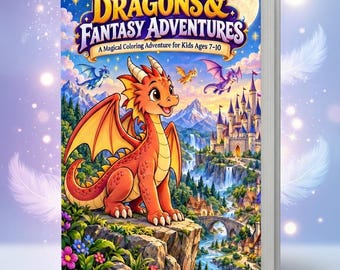 Peut inclure: Un livre de coloriage imprimable intitulé Dragons & Fantasy Adventures: A Magical Coloring Adventure for Kids Ages 7-10. La couverture montre un grand dragon orange assis sur une falaise surplombant un château, une rivière et un village.