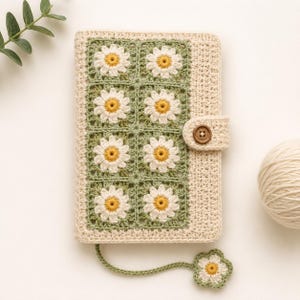 Funda para libro Daisy Grandma Square (PDF) / Funda para cuaderno A5 / Patrón de ganchillo para principiantes