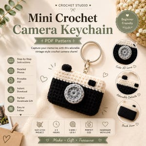 May include: A crochet camera keychain pattern PDF featuring a black and cream yarn camera with a grey lens. The design includes a metal keyring, step-by-step instructions, detailed photos, and a 2.5mm hook requirement for this beginner-friendly project.