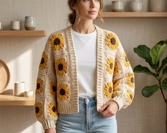Peut inclure: Un gilet en crochet beige orné d'un motif de tournesols répété avec des pétales jaunes et des cœurs marron foncé, porté avec un t-shirt blanc uni et un jean bleu clair. Le texte "Crochet Pattern" est visible dans le coin inférieur droit.