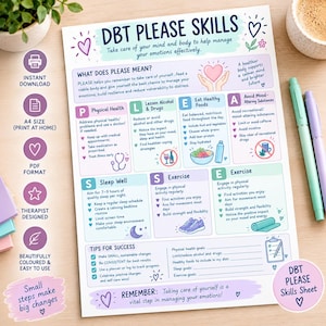 May include: A DBT PLEASE skills educational chart printed on white paper with pastel-colored sections. The text outlines self-care strategies for physical health, nutrition, sleep, and exercise, accompanied by small icons like hearts, a stethoscope, and sneakers.