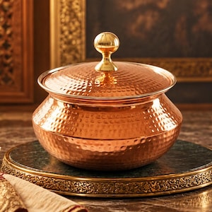 May include: A round, hammered copper serving bowl with a matching lid featuring a polished gold-tone knob handle. The bowl has a wide, curved body and a smooth, metallic finish that reflects light, showcasing the textured, dimpled surface pattern.