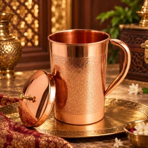 May include: A polished copper pitcher with a cylindrical body and a curved handle. The exterior features an intricate, etched floral pattern around the centre. A matching circular copper lid with a small knob sits beside the pitcher.