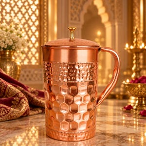 Handmade Pure Copper Diamond Hammered Water Jug 1500ml Lid Ayurvedic Pitcher Brass Knob