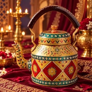 Pode incluir: Uma chaleira de metal decorativa com um padrão floral pintado à mão em amarelo, vermelho e verde com motivos em forma de diamante. A chaleira inclui uma alça arqueada castanho-escura, uma tampa a condizer com um pequeno botão e um bico curvo, tudo adornado com pequenos cristais incrustados.
