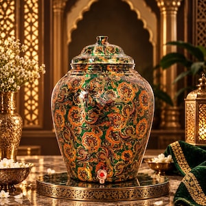 May include: A large, rounded metal water dispenser featuring a vibrant green base with an intricate, multi-colored floral and paisley pattern in shades of orange, gold, and black. It includes a matching lid and a small, circular red-accented spigot.