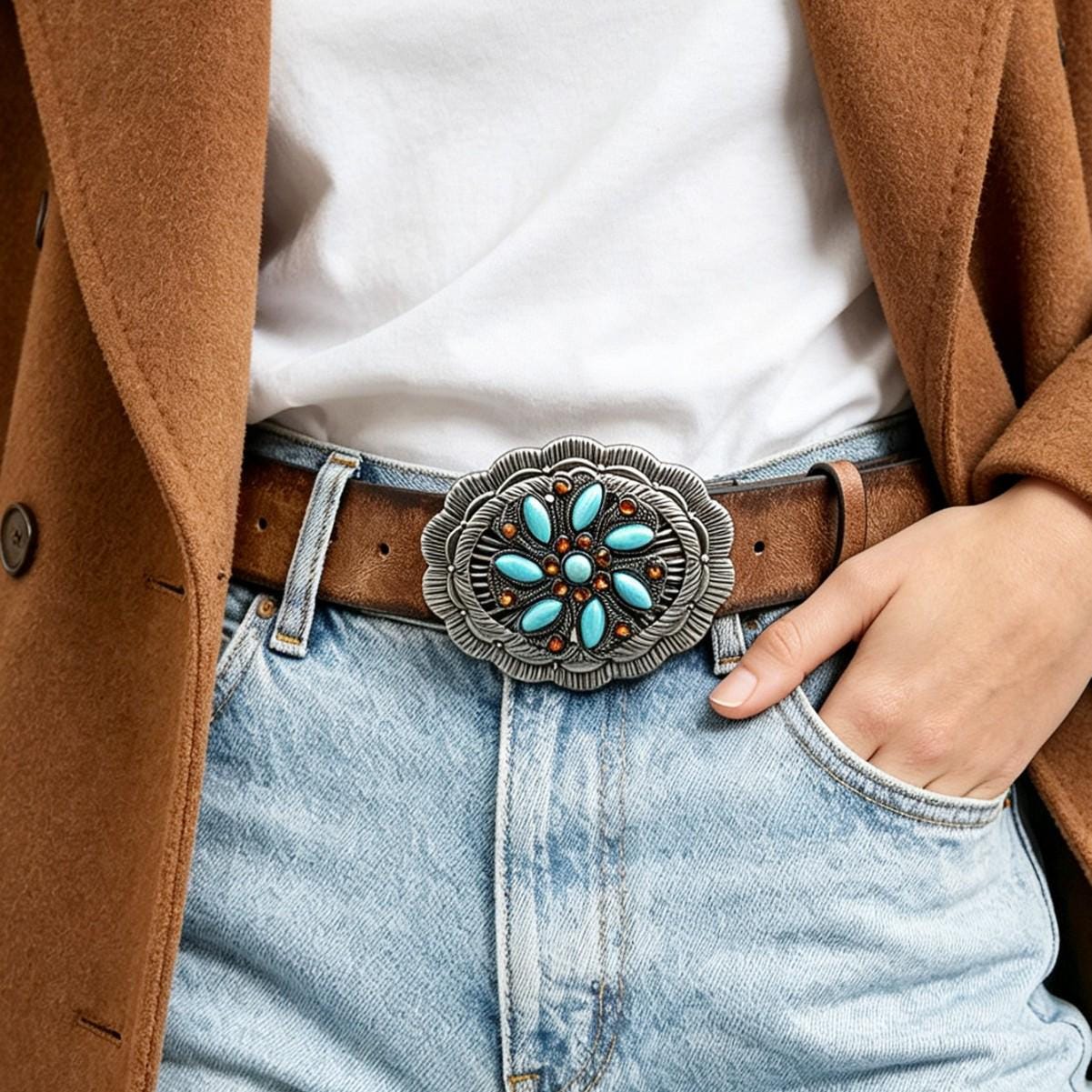 Arezzo Tan Leather Turquoise Stone Studded Buckle Western Boho Belt Size 95 Shyanne Women main image 2