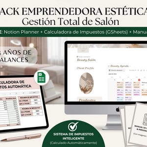 May include: A digital business management kit for beauty salons featuring a tablet displaying an automatic tax calculator, a computer monitor showing a Notion planner with a beauty agenda, and printed manuals for quick start and personalisation.