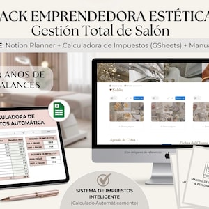 May include: A digital business management kit for beauty salons featuring a tablet displaying an automatic tax calculator, a computer monitor showing a Notion planner interface, and printed manuals for quick start and personalisation guides.