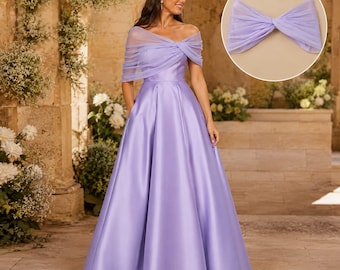 Lavender Satin Off Shoulder Bridesmaid Dress with Bow Back, Elegant A-Line Formal Gown, Floor Length Wedding Guest Dress, Prom Dress.