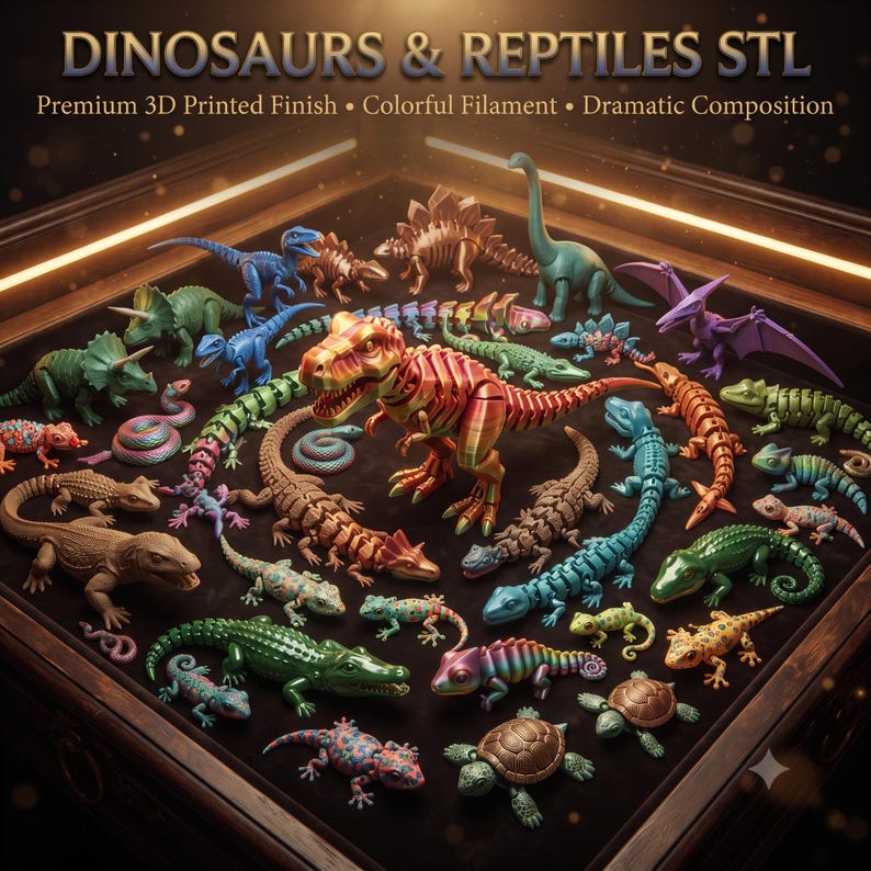 May include: A collection of 3D printed dinosaur and reptile figurines in various colors and textures. The text DINOSAURS & REPTILES STL, Premium 3D Printed Finish, Colorful Filament, and Dramatic Composition is displayed at the top of the image.
