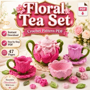 Schema PDF per servizio da tè floreale all'uncinetto / Teiera, tazza, piattino e ciotola per caramelle a forma di rosa all'uncinetto / Download digitale per servizio da tè amigurumi