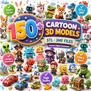 Puede incluir: Una colección digital de más de 150 modelos 3D de dibujos animados con varios personajes como un conejo, robot, unicornio, dinosaurio, zorro, panda, dragón, pirata, princesa, mago y superhéroe, con etiquetas de texto como 150+ Models y STL & 3MF.