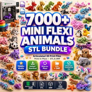 Può includere: Una collezione digitale di oltre 7000 mini animali flessibili in formato STL e 3MF per la stampa 3D. L'immagine mostra numerose figure articolate di animali, tra cui draghi, gatti, cani e creature marine, insieme a icone per il download immediato e l'uso commerciale.