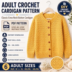 Patroon gehaakt vest volwassenen pdf | Vest met ronde hals en knoop | Patroon gehaakte trui dames | XS-5XL | Direct downloaden