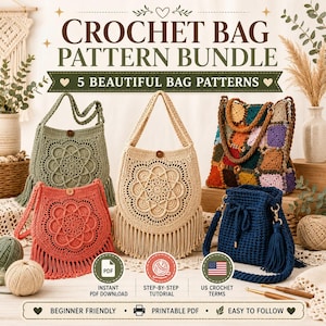 May include: A crochet bag pattern bundle featuring five designs. The image displays a sage green bag, a beige bag with fringe, a coral bag with fringe, a multi-coloured granny square bag, and a navy blue bucket bag with a tassel and drawstring.