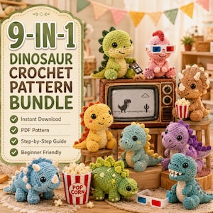 Puede incluir: Un paquete de 9 patrones de dinosaurios a ganchillo con nueve pequeños dinosaurios de hilo hechos a mano. La imagen incluye el texto 9-IN-1 DINOSAUR CROCHET PATTERN BUNDLE, Instant Download, PDF Pattern, Step-by-Step Guide y Beginner Friendly.