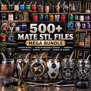 May include: A digital collection of 500+ Mate STL files for 3D printing, featuring various cup designs like skulls, sports balls, and fantasy characters, displayed alongside physical mate cups and metal bombilla straws.