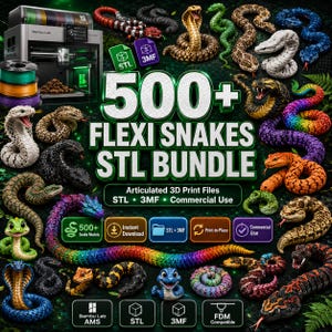 Pode incluir: Uma coleção digital de mais de 500 arquivos de impressão 3D de cobras articuladas flexi, apresentando vários modelos de cobras em múltiplas cores e padrões, incluindo designs de cobras e víboras, com textos indicando formatos STL e 3MF.