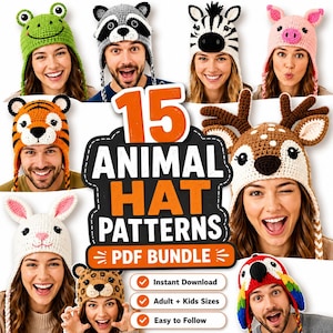 15 Crochet Animal Hat Patterns Bundle PDF | Deer Frog Raccoon Rabbit Pig Zebra Tiger Beanie | Adult & Kids Crochet Pattern