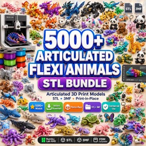 May include: A digital collection of 5000+ articulated flexi animal 3D print models in STL and 3MF formats. The image displays a wide variety of colorful, movable creatures including dragons, pandas, giraffes, and sharks, alongside a 3D printer.