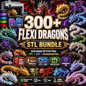 Pode incluir: Um pacote digital de mais de 300 arquivos de impressão 3D de dragões articulados flexi em formatos STL e 3MF. A imagem exibe vários modelos de dragões coloridos e segmentados, uma impressora 3D e etiquetas de texto para download imediato.