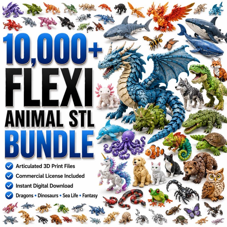 10,000+ Flexi Animal STL Bundle | Articulated 3D Print Files | Dragons, Dinosaurs, Sea Life, Fantasy & Fidget Toys | personal Commercial Use image 3