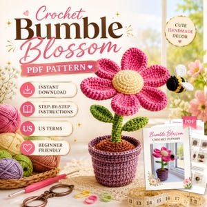 Pode incluir: Um padrão de crochê Bumble Blossom com uma flor rosa de centro amarelo em um vaso roxo e uma pequena abelha. A imagem inclui texto, novelos de lã, uma agulha de crochê rosa, tesoura e uma fita métrica em centímetros.