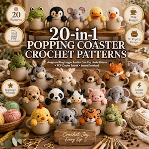 20-in-1 Popping Animal Coaster Crochet Patterns | Amigurumi Mug Hugger Bundle (PDF Download)