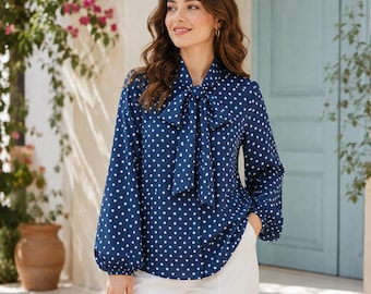 Stylish Polka Dot Long Sleeve Bow Collar Women's Fashion Blouse