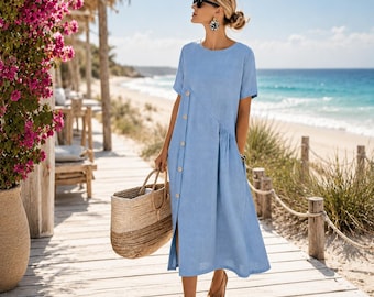 Abito da donna 100% cotone, abito midi casual, vestibilità comoda, perfetto per l'estate.