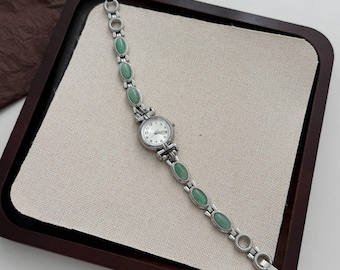 Custom Green Gemstone Bracelet Watch for Women, Natural Stone Quartz Watch, Silver Jewelry Watch, Oval Stone Wrist Watch, Handmade Watch