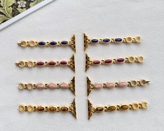 Personalized Gemstone Apple Watch Band, Custom Stone Gold Link Band, Compatible with iWatch Series 9 8 7 SE, Dressy Band Women