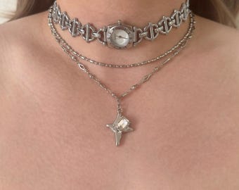 Silver Watch Choker Necklace with Star Pendant, Chunky Chain Choker, Real Working Mini Watch, Y2K Layered Necklace, Jewelry Gift for Her