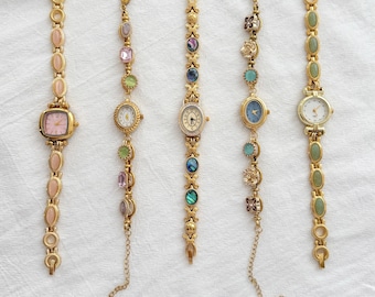 Custom Vintage Watch Necklace Bracelet, Gold Tone Gemstone Wristwatch,Pink Blue Green Stone Watch,Handmade Retro Watch Jewelry,Gift for Her