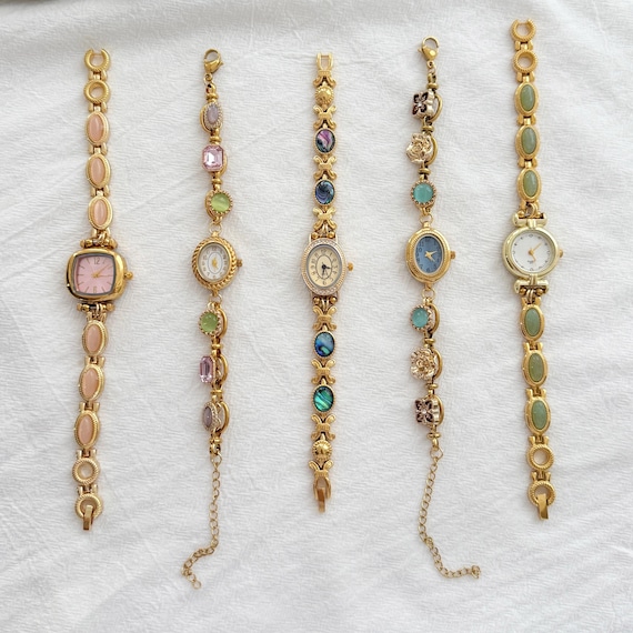 Custom Vintage Watch Necklace Bracelet, Gold Tone Gemstone Wristwatch,Pink Blue Green Stone Watch,Handmade Retro Watch Jewelry,Gift for Her