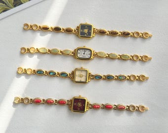 Custom Gemstone Watch, Build Your Own Watch, Gold Vintage Bracelet Watch, Choose Dial & Stone Band, Personalized Gift for Her