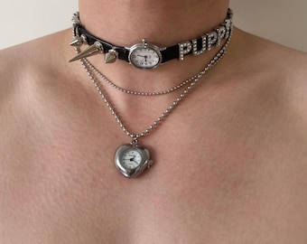 Personalized Watch Choker Necklace, Custom Name Letter Choker, Heart Watch Pendant, Grunge Layered Necklace
