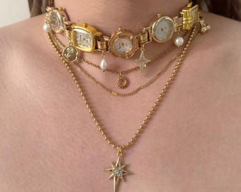 Gold Watch Choker Necklace, Multi Watch Choker with Pearl Drops, Sun and North Star Pendants, Vintage Layered Necklace, Gift for Women