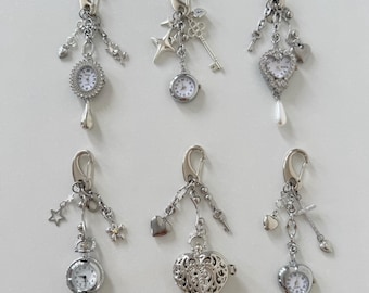 Watch Keychain, Silver Bag Charm with Working Mini Watch, Keychain Watch with Heart Star Key Charms, Unique Gift for Her