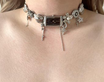 Silver Black Dial Watch Necklace with Cross Charms, Pearl Style Flowers and Starburst Drop, Gothic Chain Choker