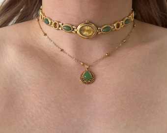 Gemstone Watch Choker, Jade Watch Necklace, Green Stone Choker with Gold Watch, Layered Jade Pendant Necklace, Vintage Gift for Her