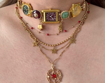 Celestial Watch Choker Set with Red Star Pendant, Three Working Watches, Gold Tone Layered Chains and Green Accents
