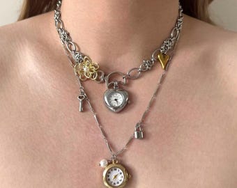 Two Watch Necklace Set, Working Quartz Heart Watch Choker, Key and Lock Charm Necklace, Mixed Metal Jewelry