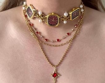Red Triple Watch Choker, Working Quartz Watch Necklace, Pearl Charm Layered Necklace, Gold Tone Statement Jewelry
