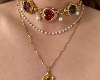 Red Triple Watch Choker, Working Quartz Heart Watch Necklace, Pearl Cross Pendant Layered Necklace
