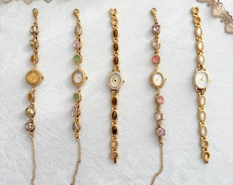 Made to Order Gemstone Watch, Custom Gold Bracelet Watch with Citrine Tiger Eye Rose Quartz, Vintage Style Personalized Gift for Her
